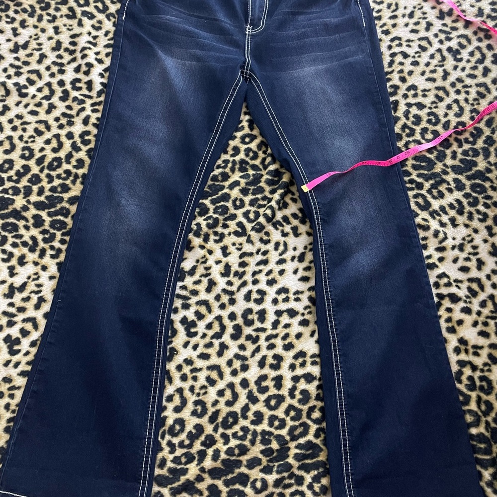 ND Weekend Blue Women's Jeans w/ white lacing bling and flare bottoms. Size 14